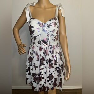 White Floral Tie-Strap Mini Dress with Brown & Mauve Print